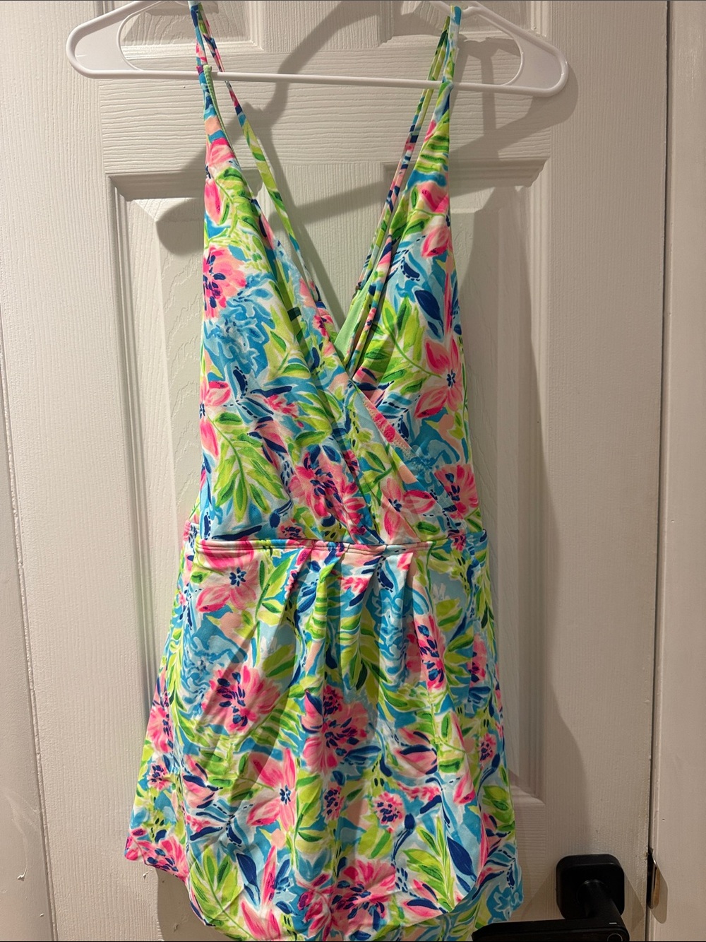 Floral Wrap One-Piece Swim Dress - Pink & Blue